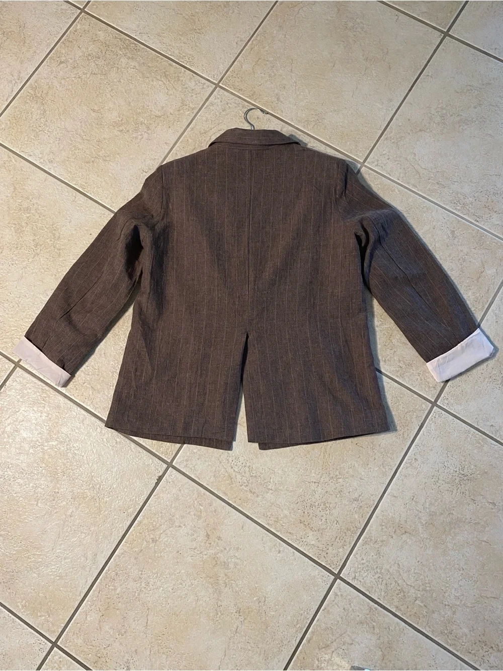 Tahari Linen Brown Pinstripe Women's open Blazer